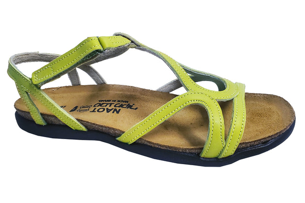 Image shows Dorith Sandal in Soft Lime. It is bright. The sandal is set against a white background. Great colour.