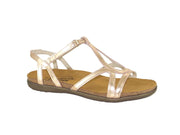 Image shows Dorith Sandal in Rose Gold. The leather is metallic and shiny. The sandal is set against a white background.